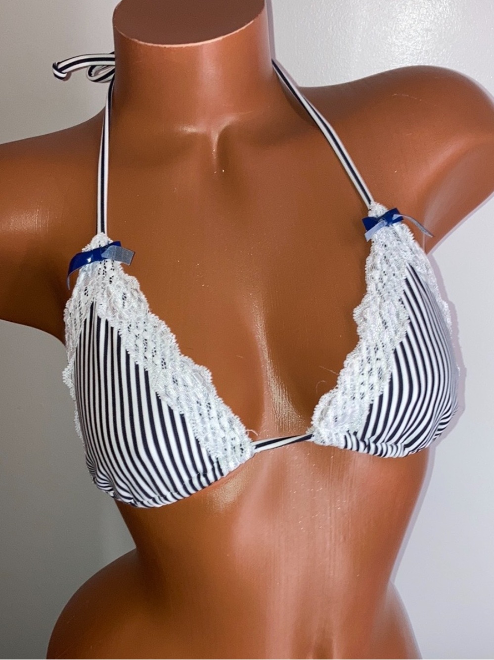 Beach Bunny Black & White Striped Lace Triangle Bikini Top with Blue Bows